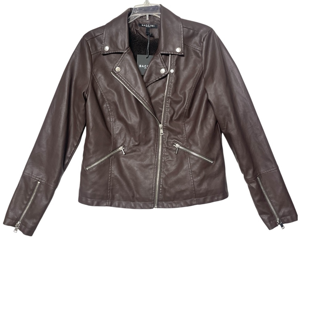 NWT Baccini Women’s Brown Faux Leather Moto Sherpa lined Zip Biker Jacket Size M